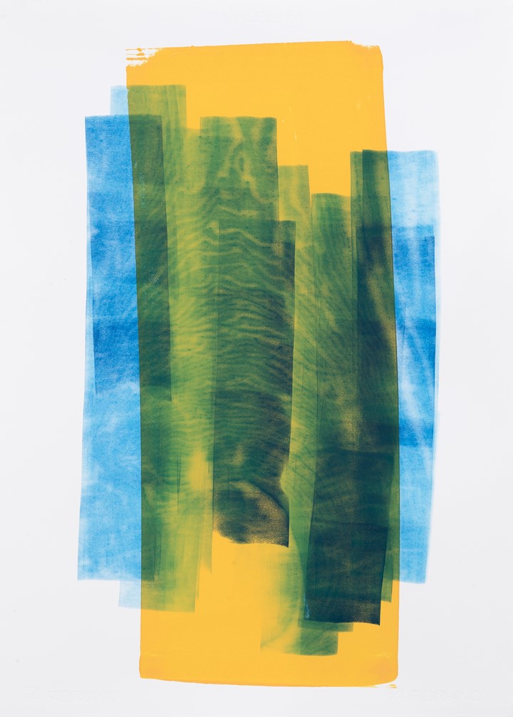 Tresnitt, blått/gult/grønt